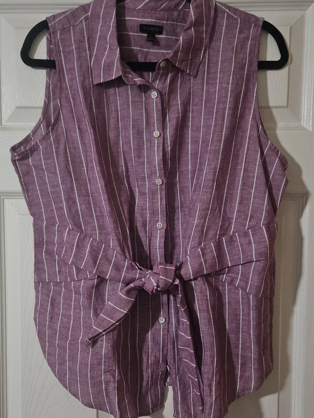 Talbots Purple Striped Sleeveless Button-Front Tie Waist Blouse